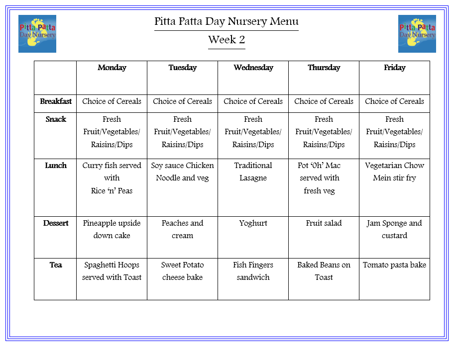 Menus Pitta Patta Day Nursery Forest Hill, Childcare, Nurseries