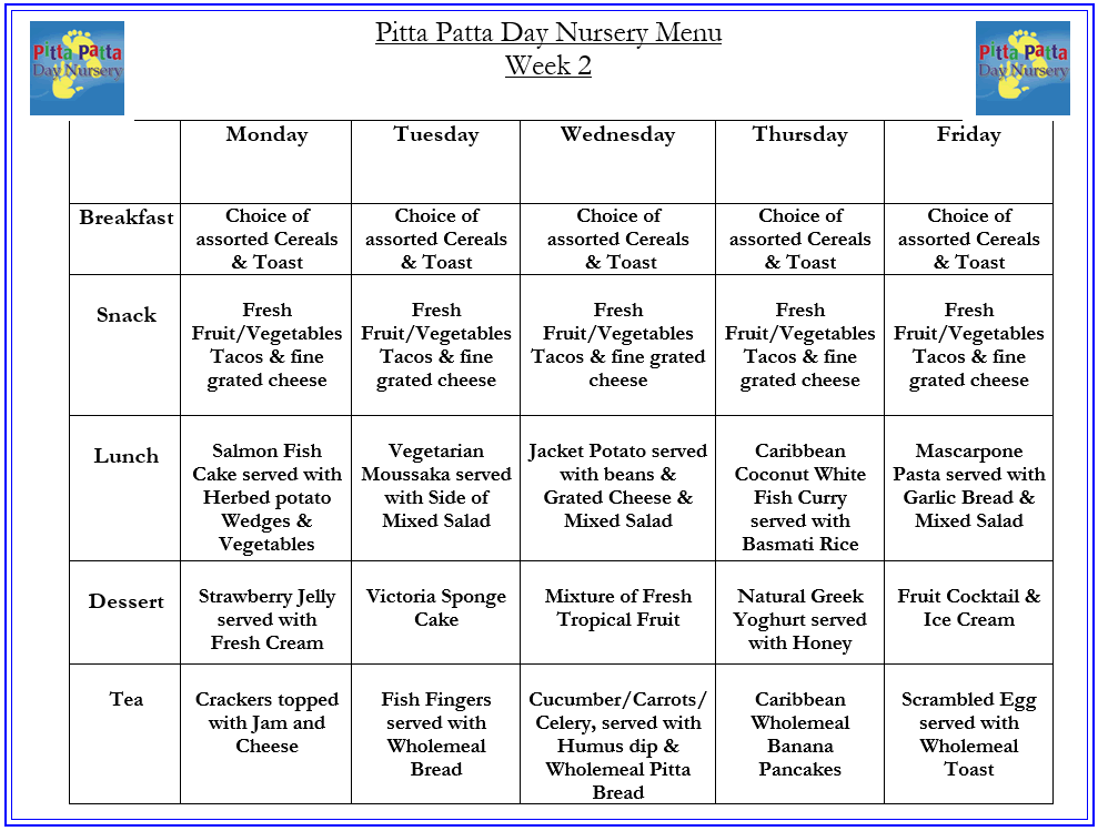 Menus Pitta Patta Day Nursery Forest Hill, Childcare, Nurseries