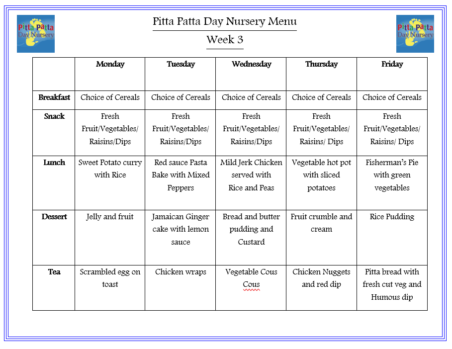 Menus Pitta Patta Day Nursery Forest Hill, Childcare, Nurseries