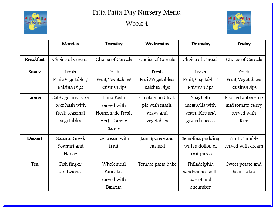 Menus Pitta Patta Day Nursery Forest Hill, Childcare, Nurseries